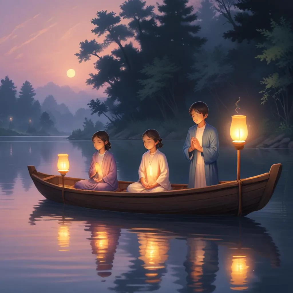 Floating prayer lamps on a calm river at dusk