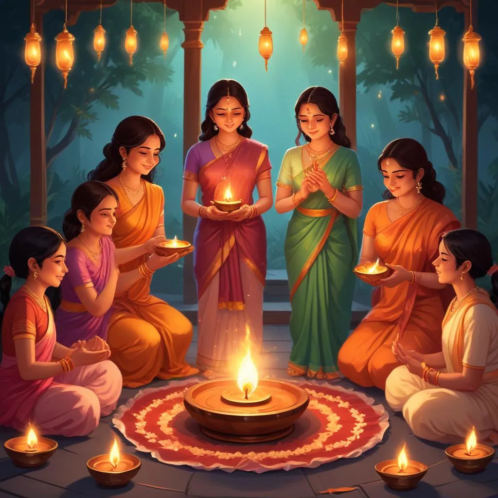 Glowing oil lamps during a traditional puja ceremony