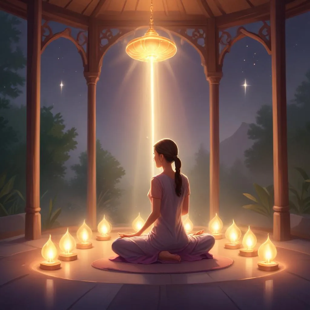 Glowing prayer lamps in a peaceful meditation space