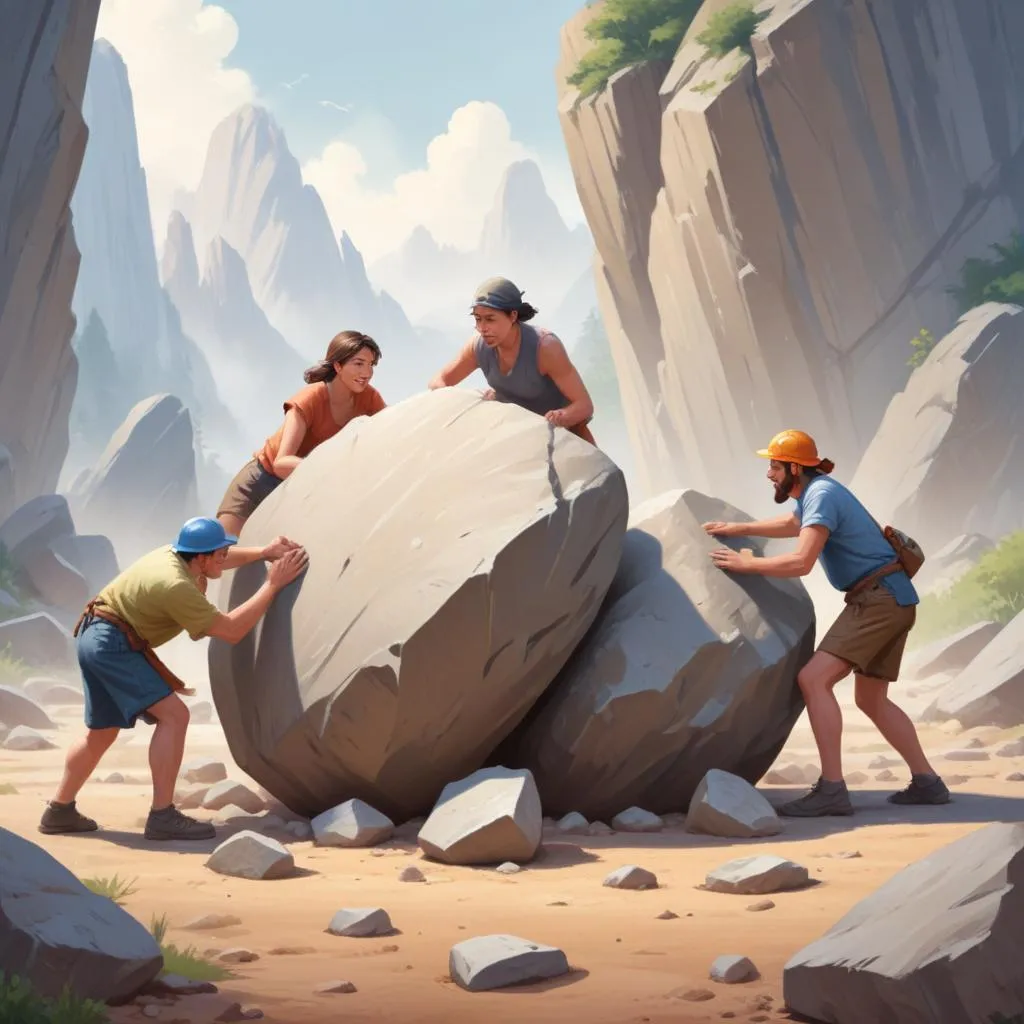Group of people working together to move large stones