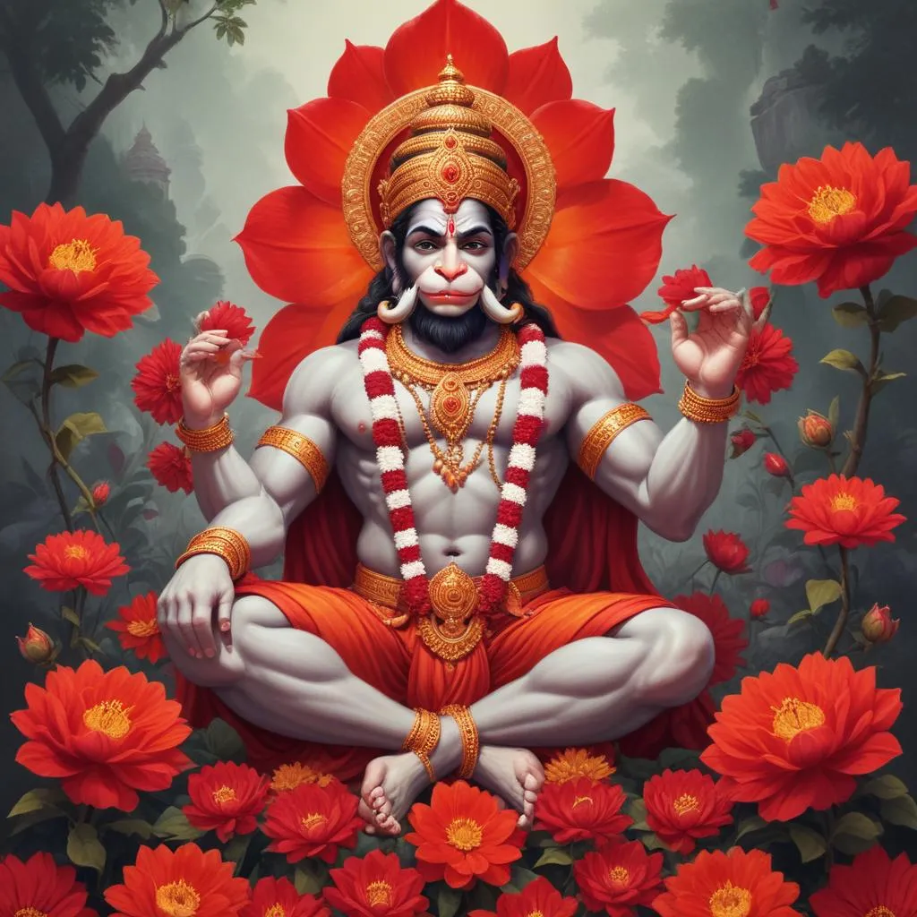 Hanuman idol worshipped on a Tuesday with red flowers and sindoor