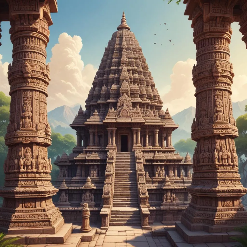 Intricate carvings on ancient Hindu temple architecture