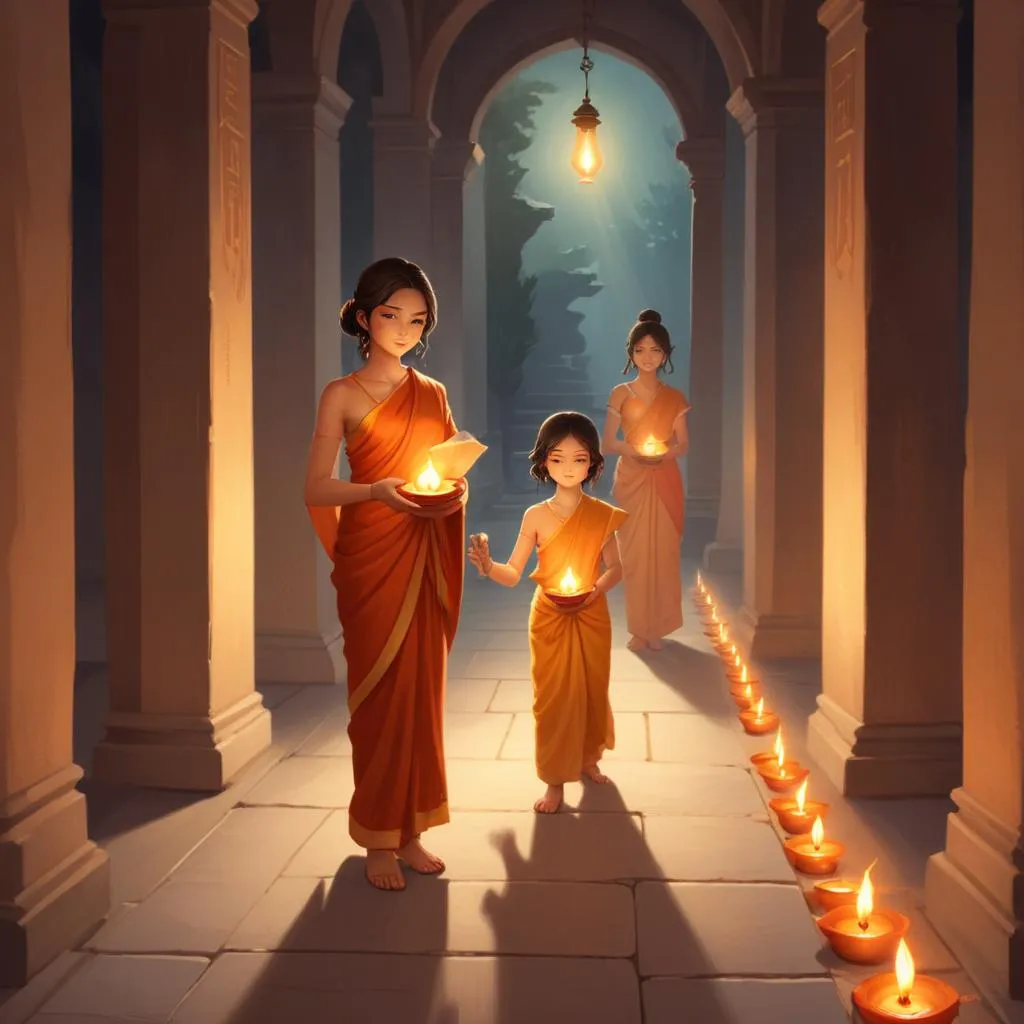 Lit oil lamps in a temple corridor, representing the light of wisdom and conscience