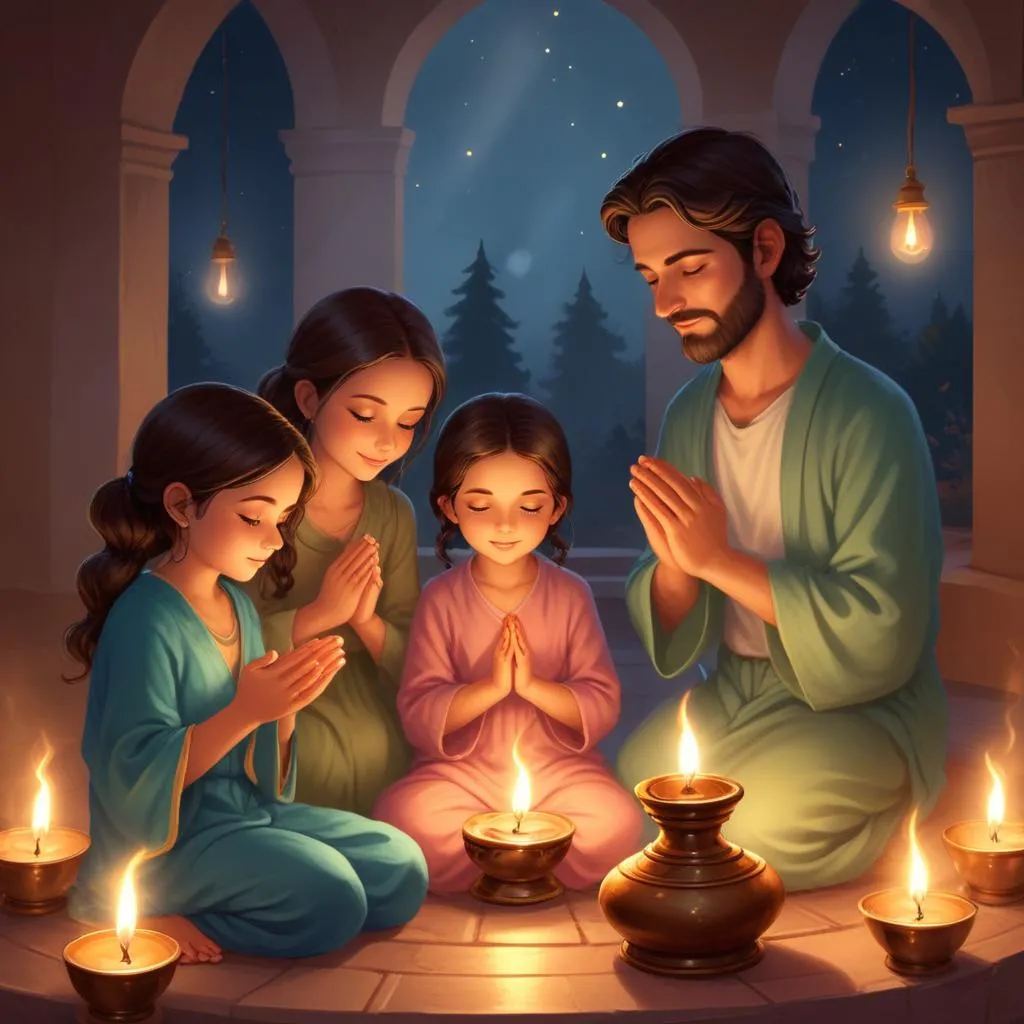 Oil lamps creating a spiritual atmosphere during prayer