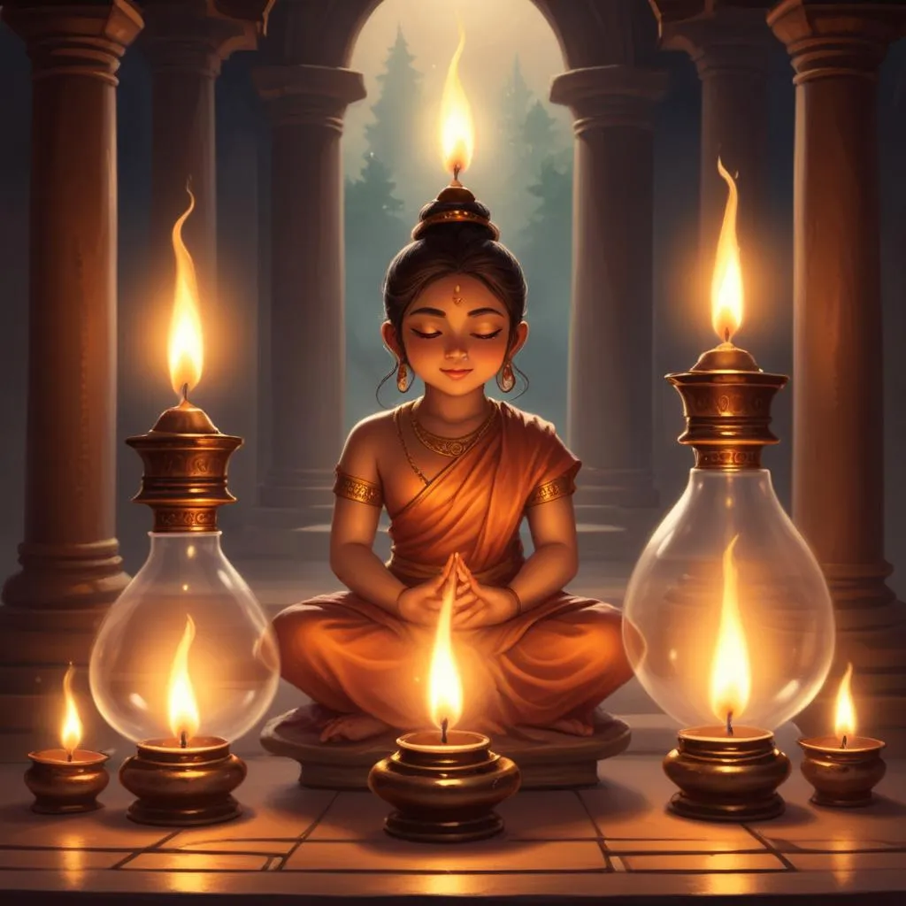 Oil lamps glowing in a serene temple setting symbolizing light and karma