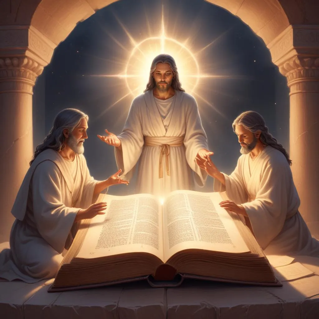 Open ancient scripture with soft light, representing sacred knowledge