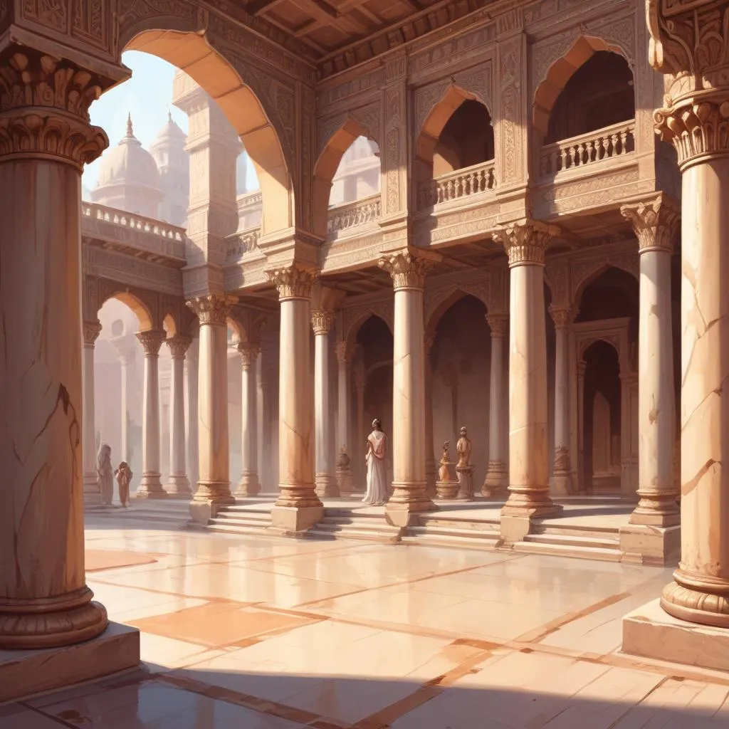 Opulent ancient Indian court with architectural details and pillars