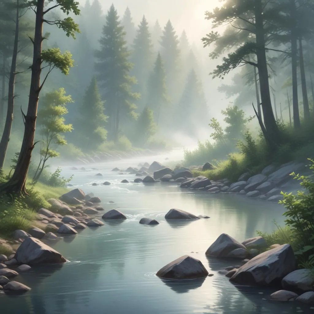 Peaceful flowing river through forest with morning mist