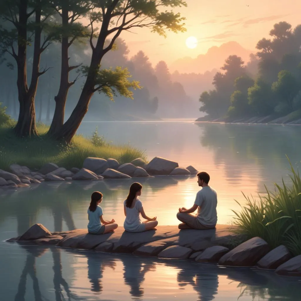 Peaceful meditation by a river at dawn