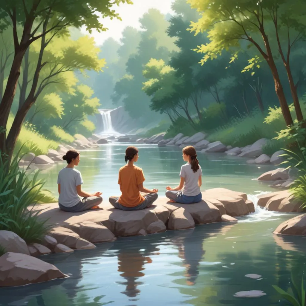 Peaceful meditation by a river bank with flowing water