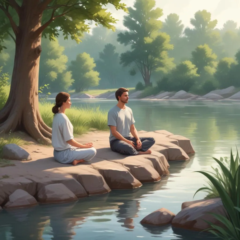 Peaceful meditation scene by a river bank