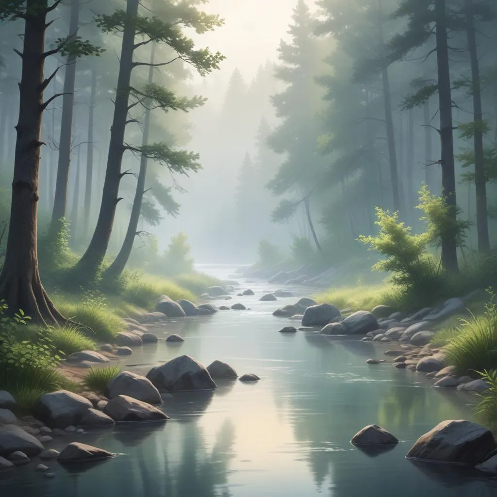 Peaceful river flowing through forest with morning mist