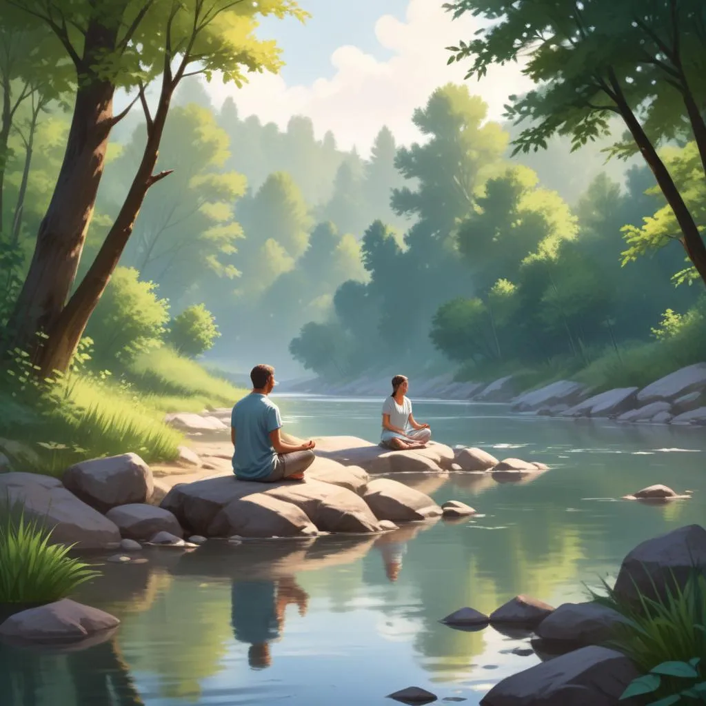 Peaceful river scene with person meditating on the bank