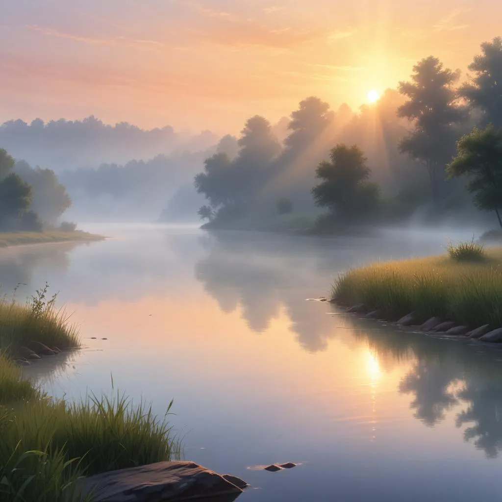 Peaceful sunrise over a river with morning mist
