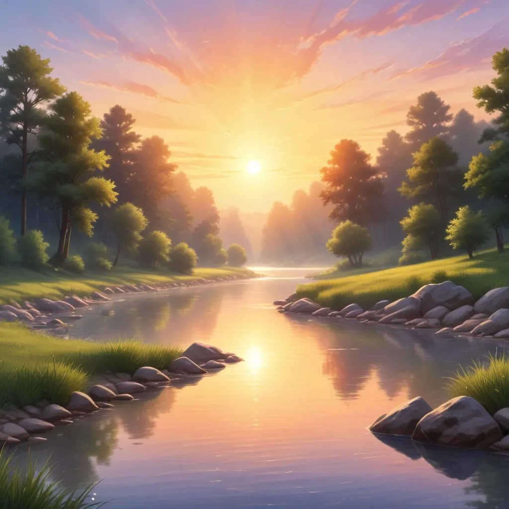 Peaceful sunrise over a river with spiritual ambiance