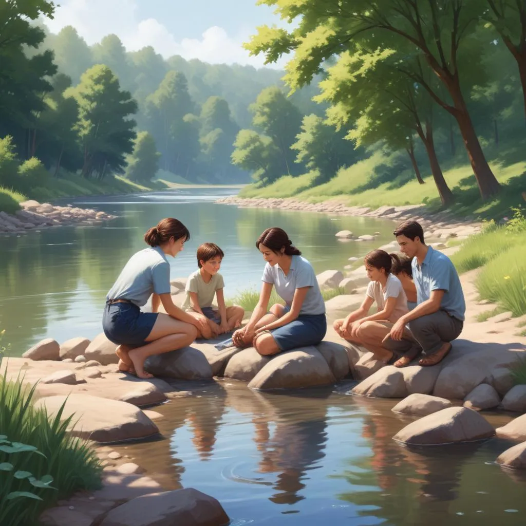 People engaging in community service by a peaceful river