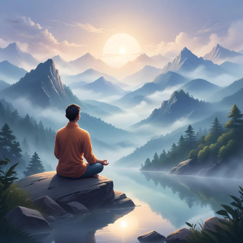 Person in meditation overlooking a misty mountain range, symbolizing inner reflection