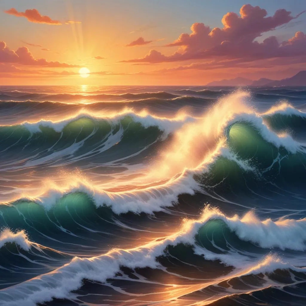 Powerful ocean waves at sunset