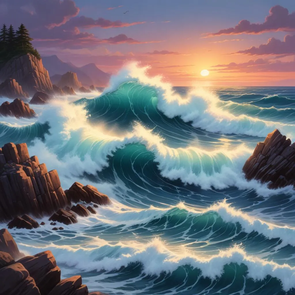 Powerful ocean waves crashing against rocks at dusk