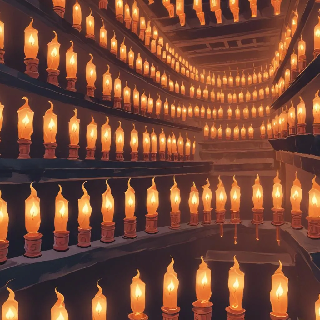 Rows of flickering prayer lamps in a serene temple, symbolizing inner illumination and spiritual practice