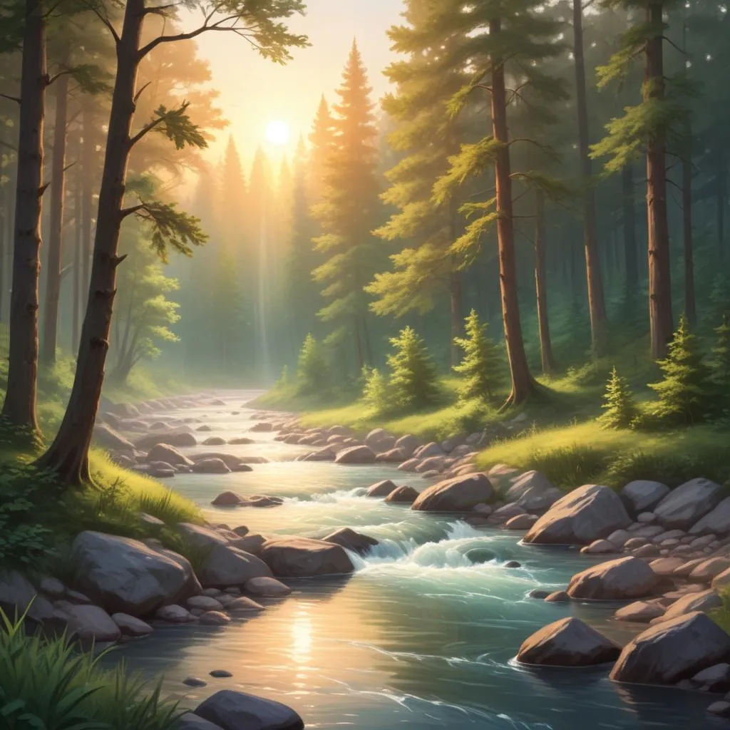Serene forest landscape with a flowing river at sunrise