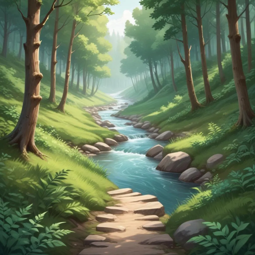 Serene forest path with river flowing alongside