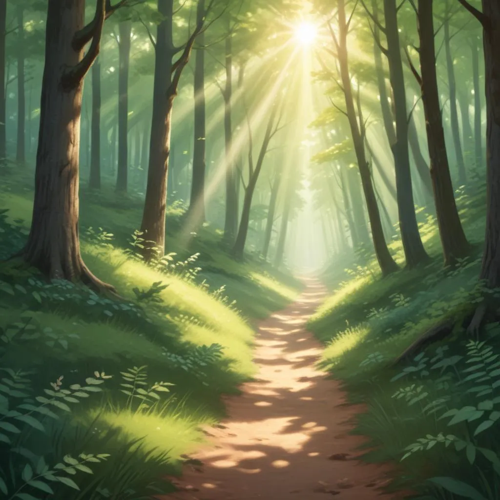 Serene forest path with sunlight filtering through trees