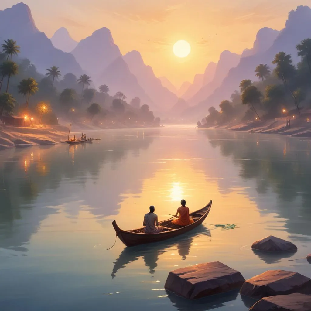 Serene Ganga river at sunrise with spiritual atmosphere