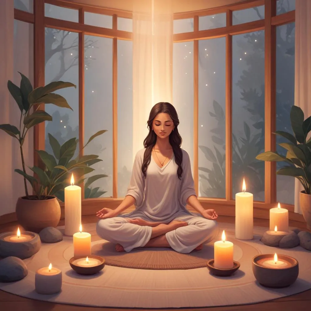 Serene meditation space with candle and spiritual items
