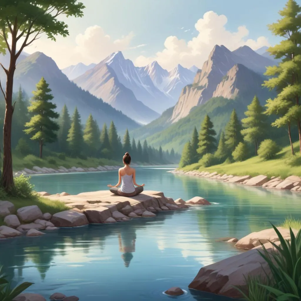 Serene natural setting with river and mountains for meditation