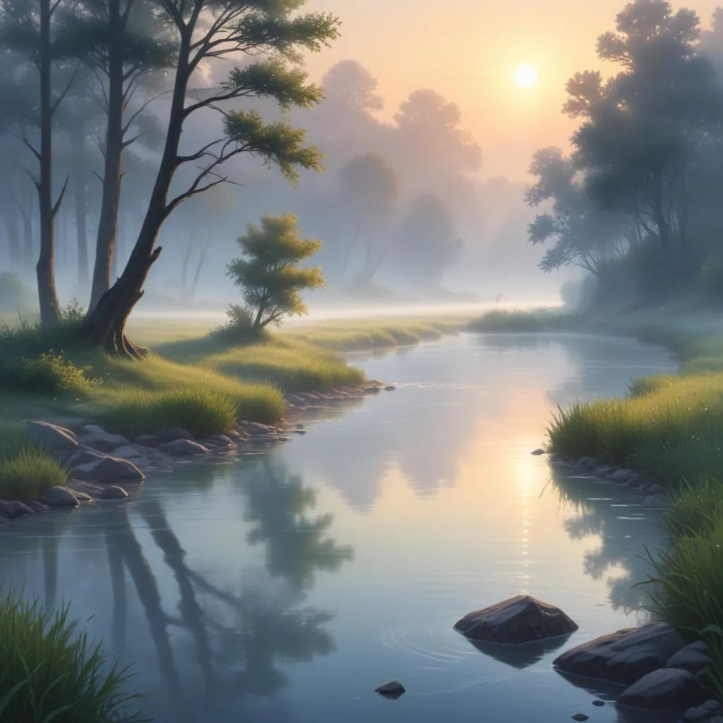 Serene river at dawn with mist and symbolic flow of life and time