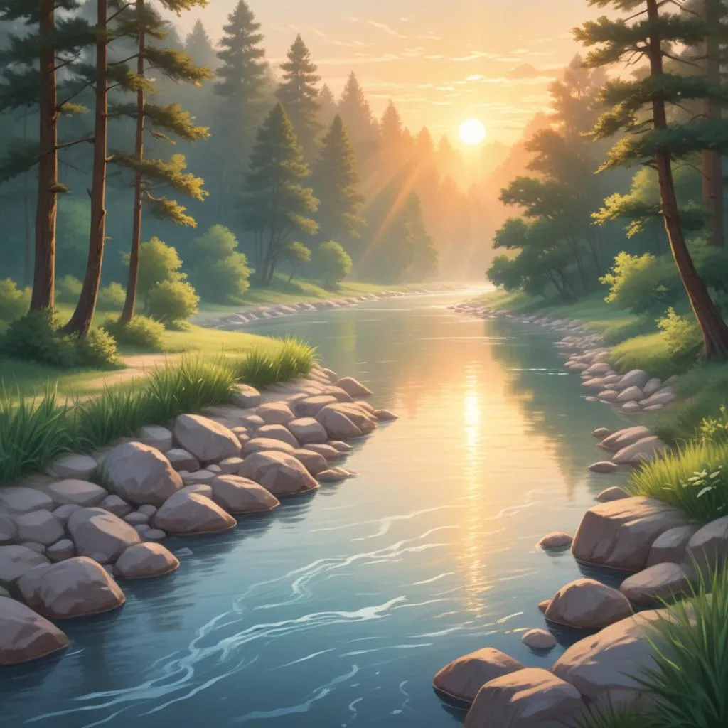 Serene river at sunrise symbolizing flow, time, and healing