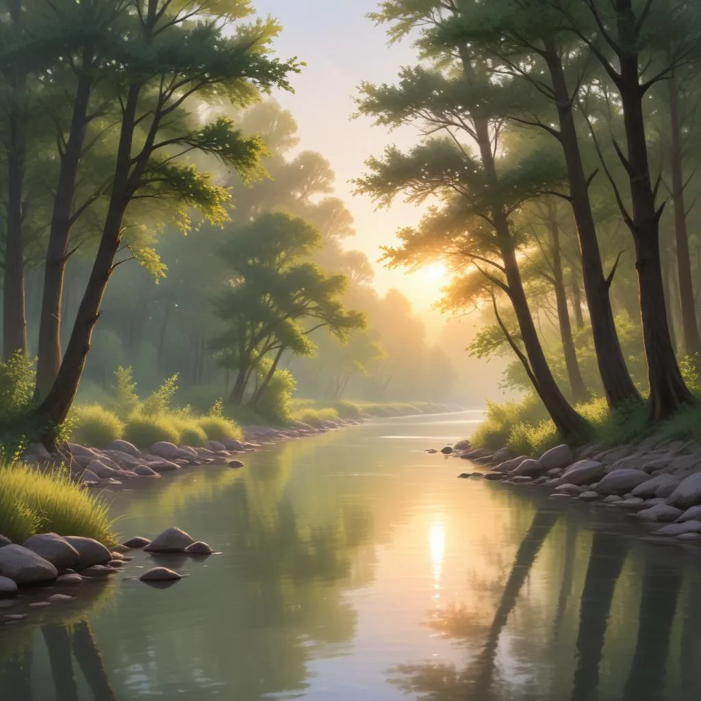 Serene river at sunrise with gentle light filtering through trees