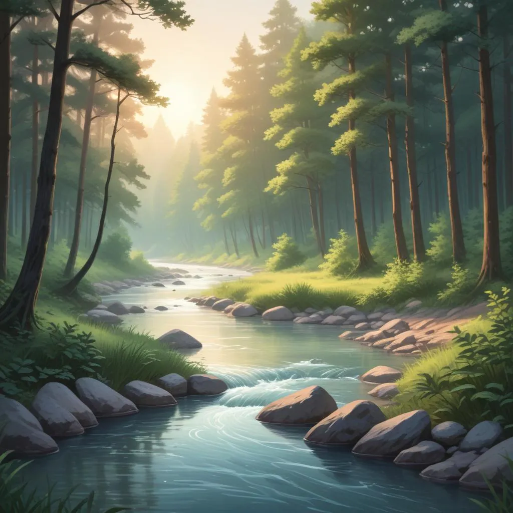 Serene river flowing through a forest at dawn, symbolizing flow and strategic direction