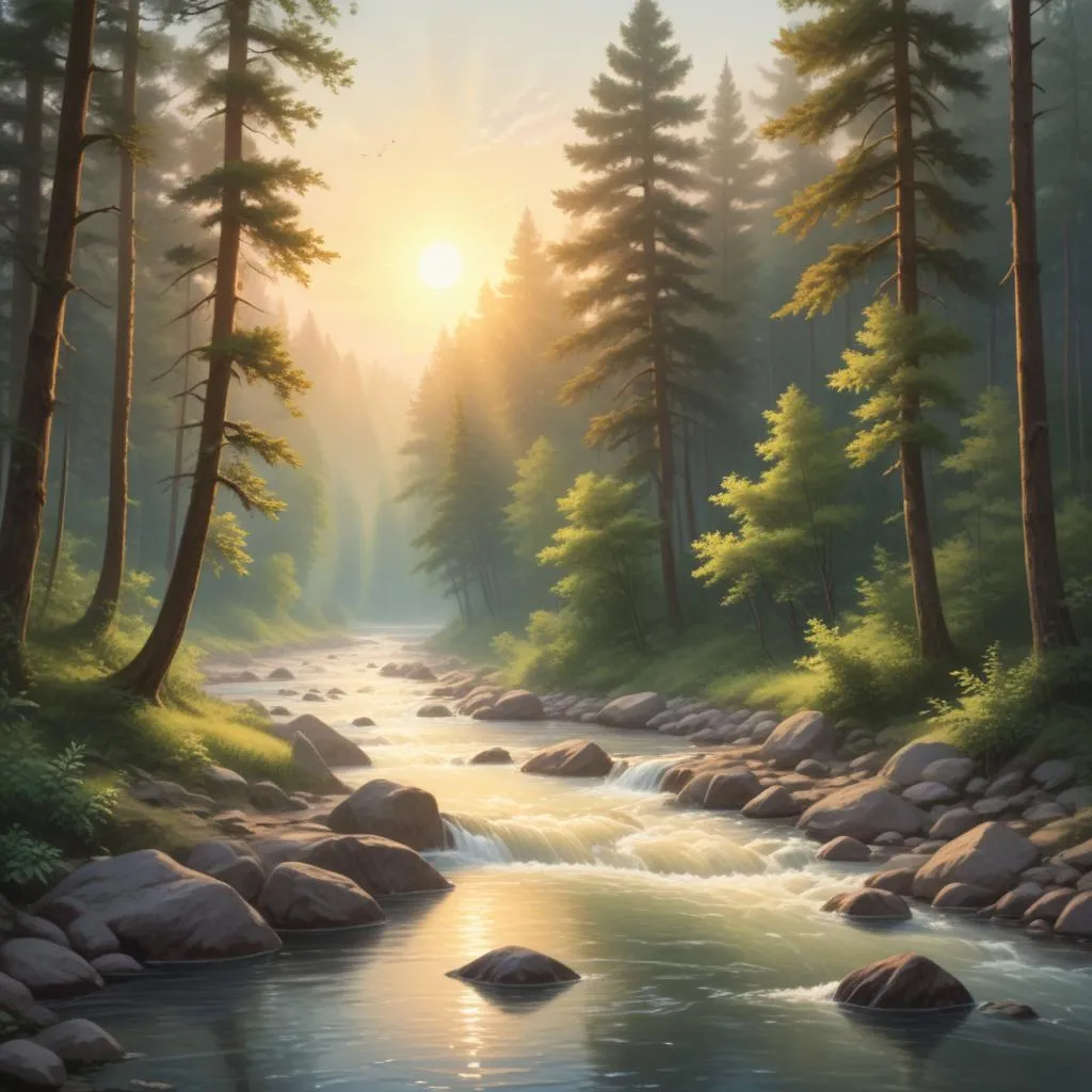 Serene river flowing through forest at sunrise representing spiritual renewal during exile