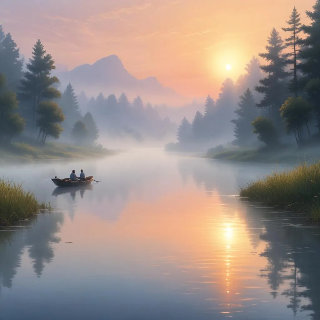 Serene sunrise over a misty river, symbolizing clarity and new perspective