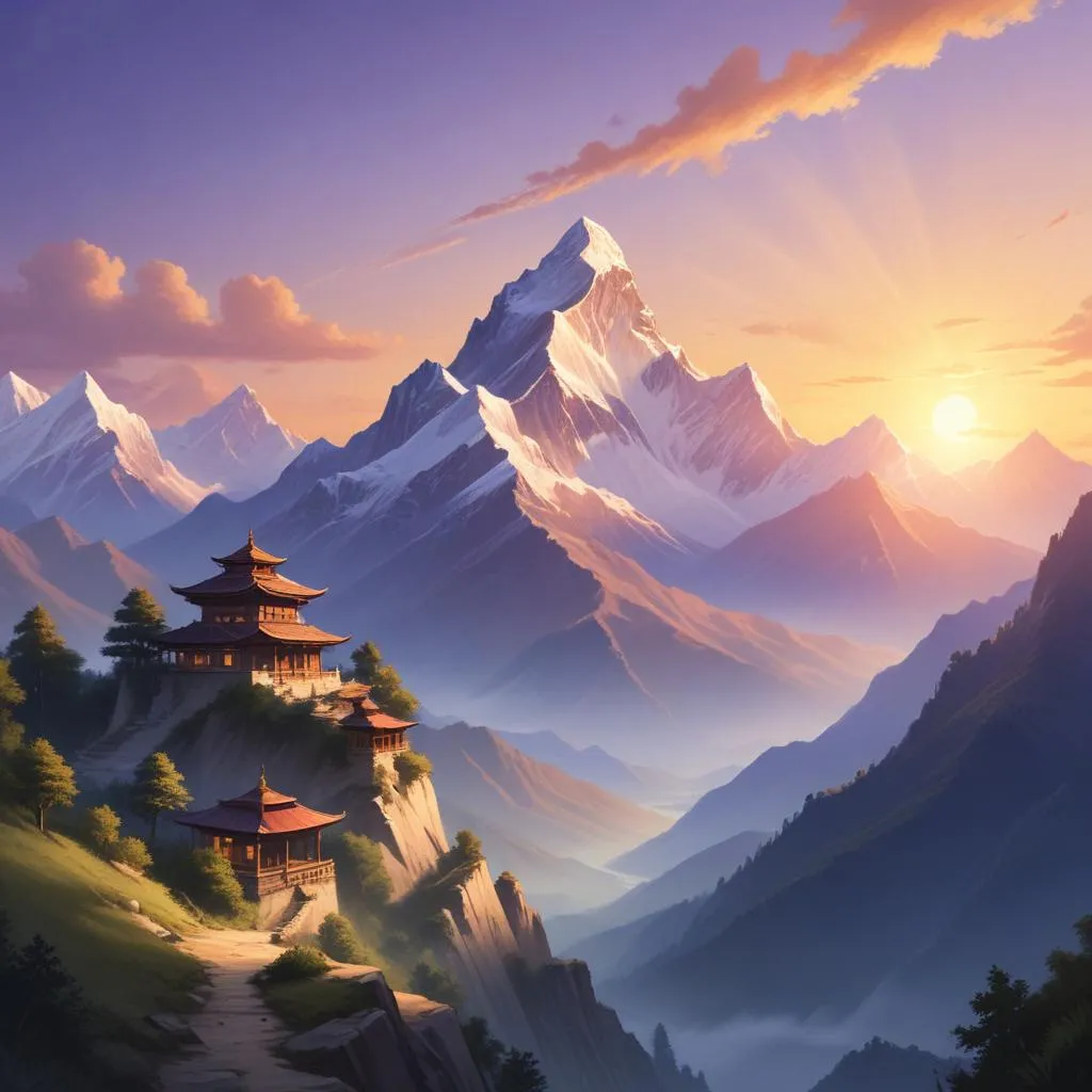 Serene view of the Himalayas at sunrise, representing the epic's spiritual scale and self-realization