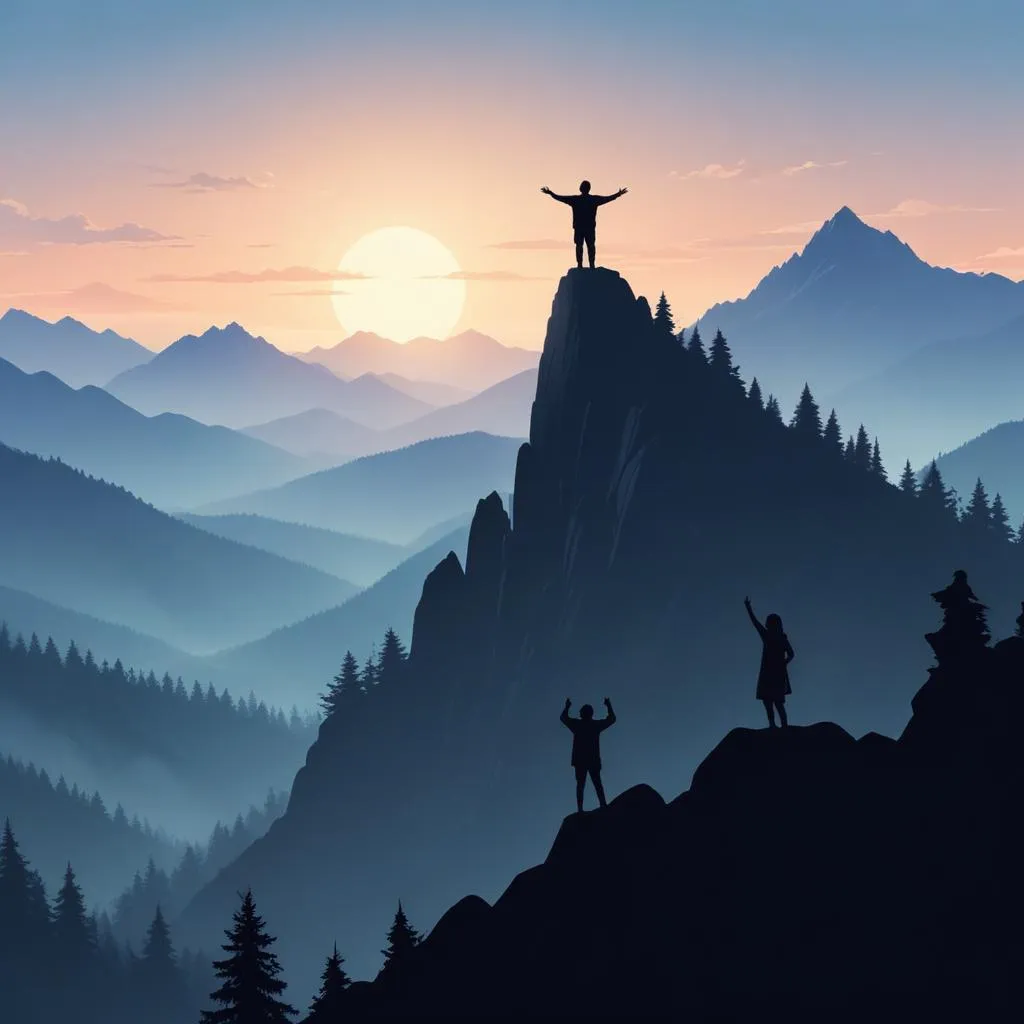 Silhouette of a figure on a mountain peak reaching upwards