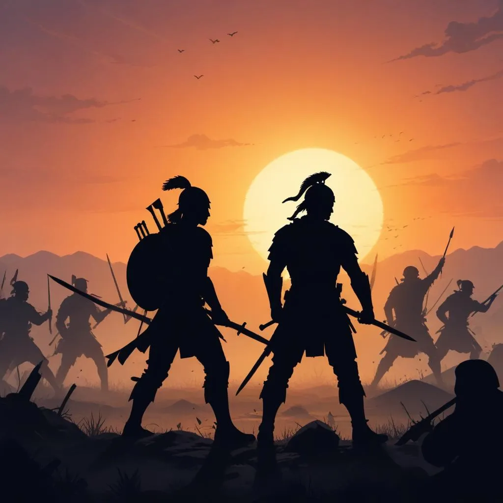 Silhouette of warriors on battlefield at sunrise