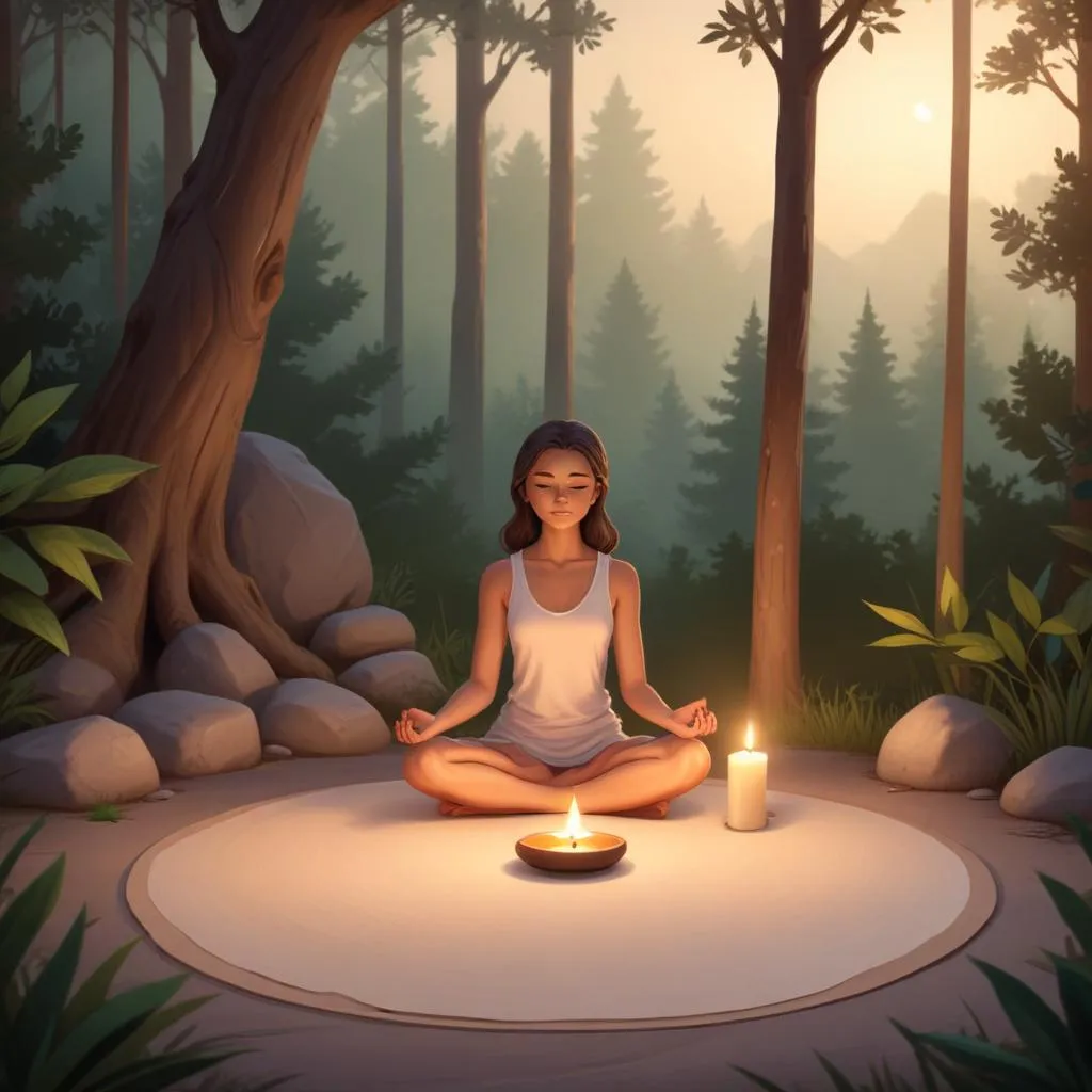 Simple meditation space with candle and mat in a natural setting
