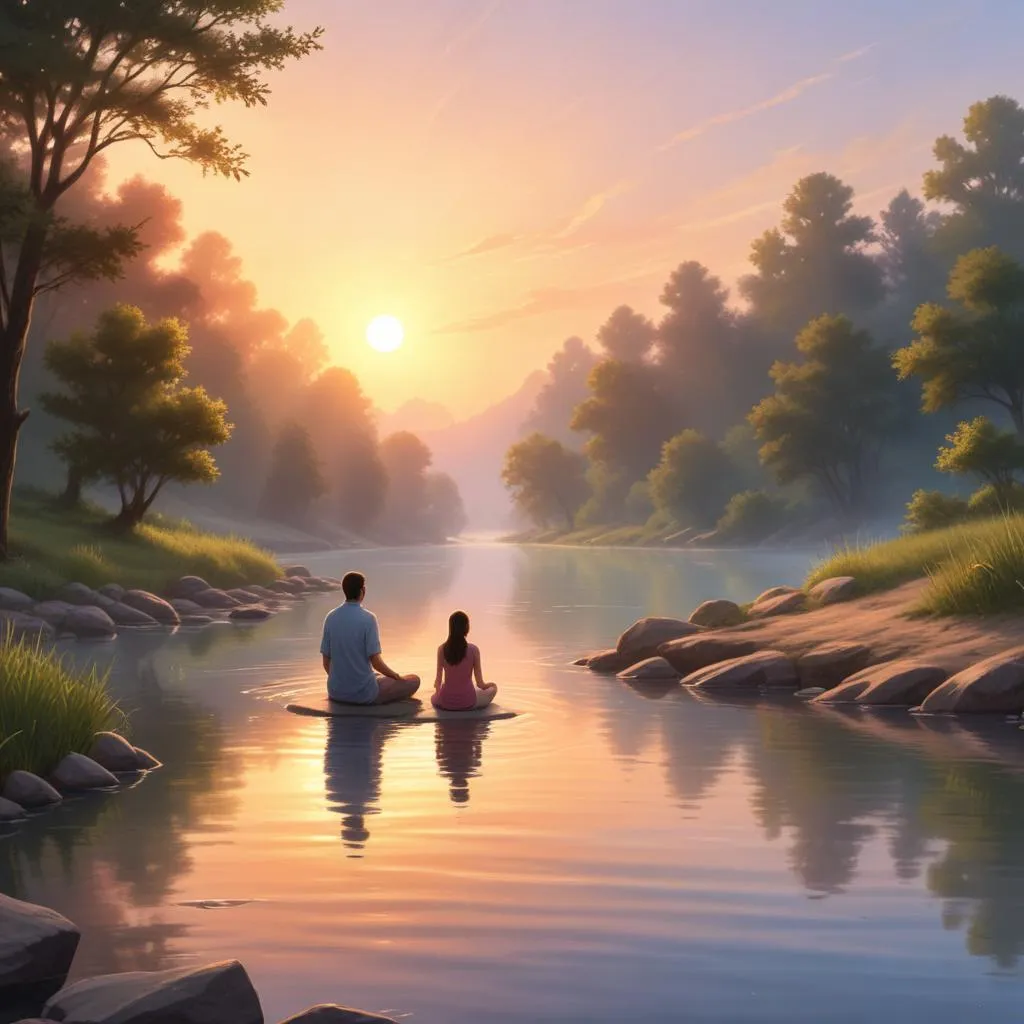 Spiritual meditation at sunrise by a river