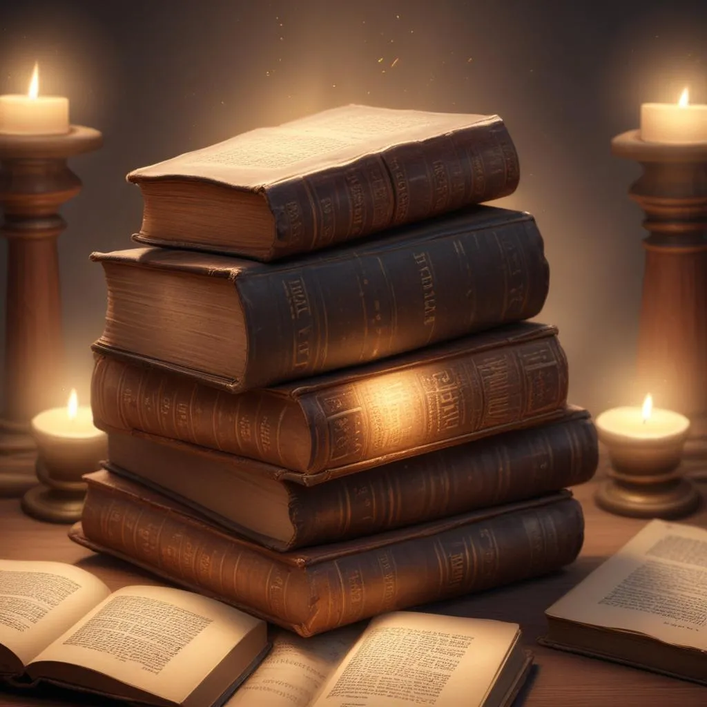 Stack of ancient books and scriptures with a soft glow