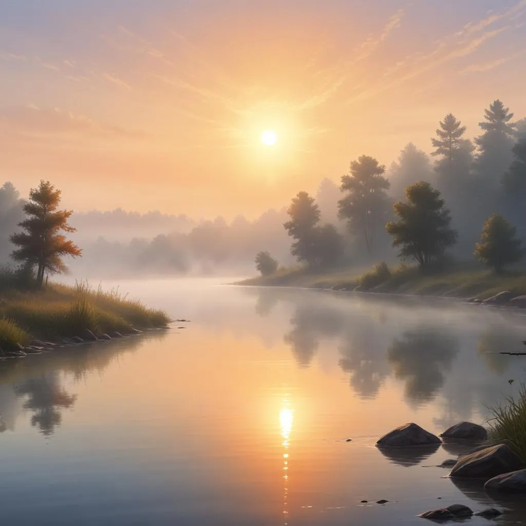 Sunrise over a calm river with mist rising from the water