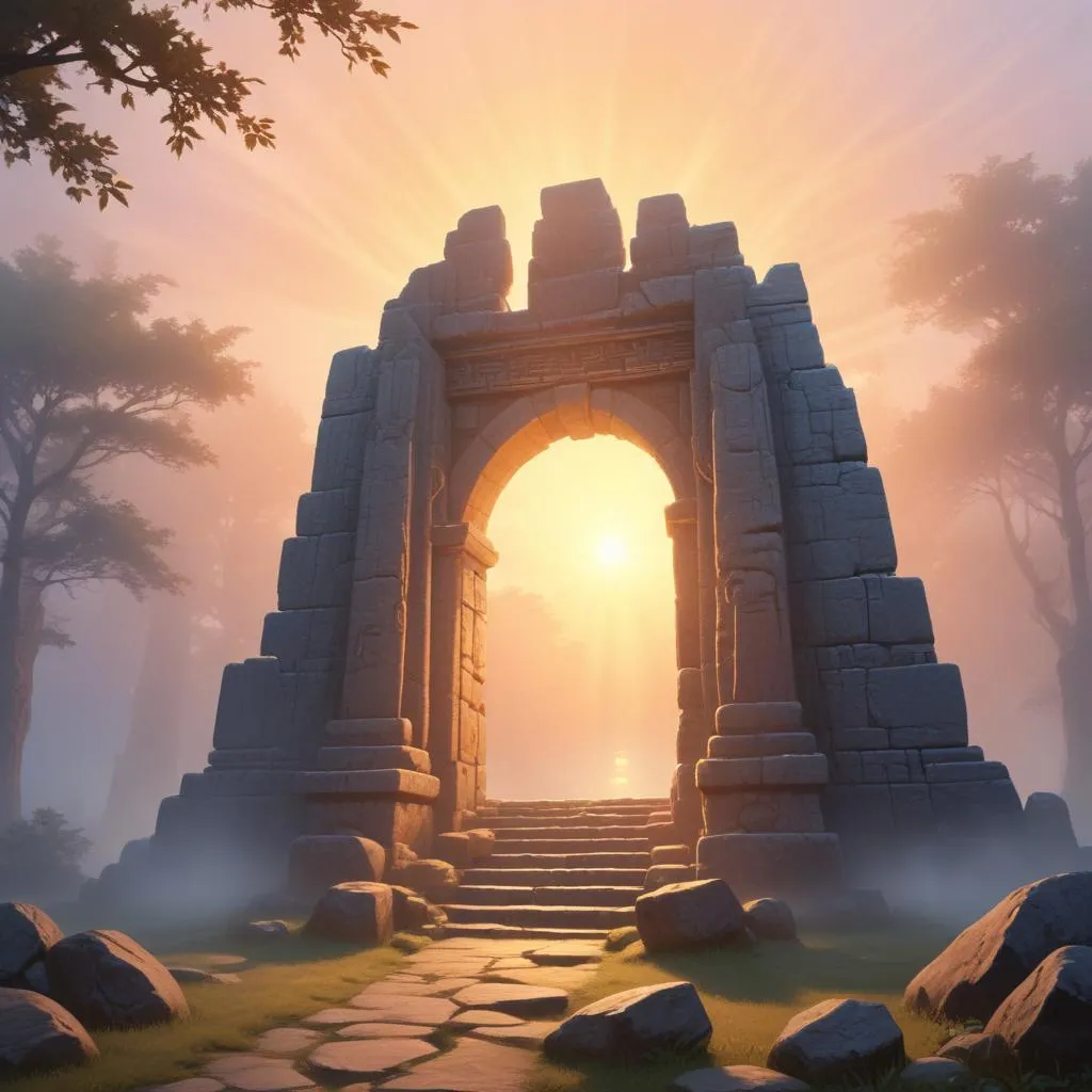 Sunrise over a misty, ancient stone temple gateway, symbolizing dawn and revelation