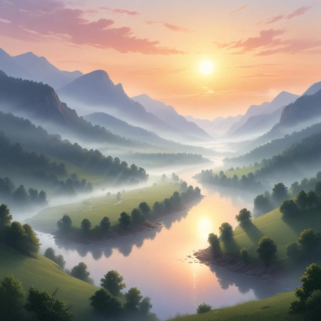 Sunrise over a misty river valley, symbolizing clarity and new perspective