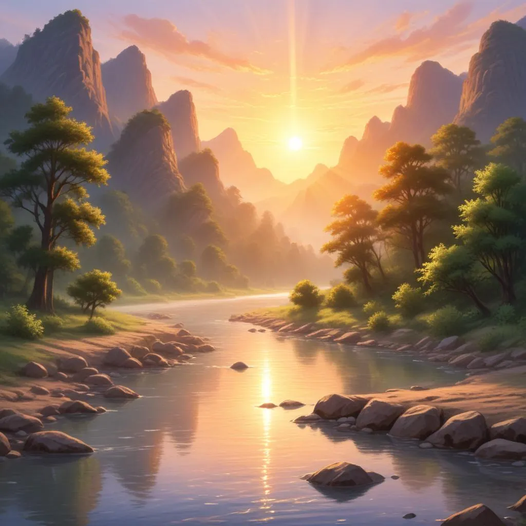 Sunrise over a sacred river with spiritual significance