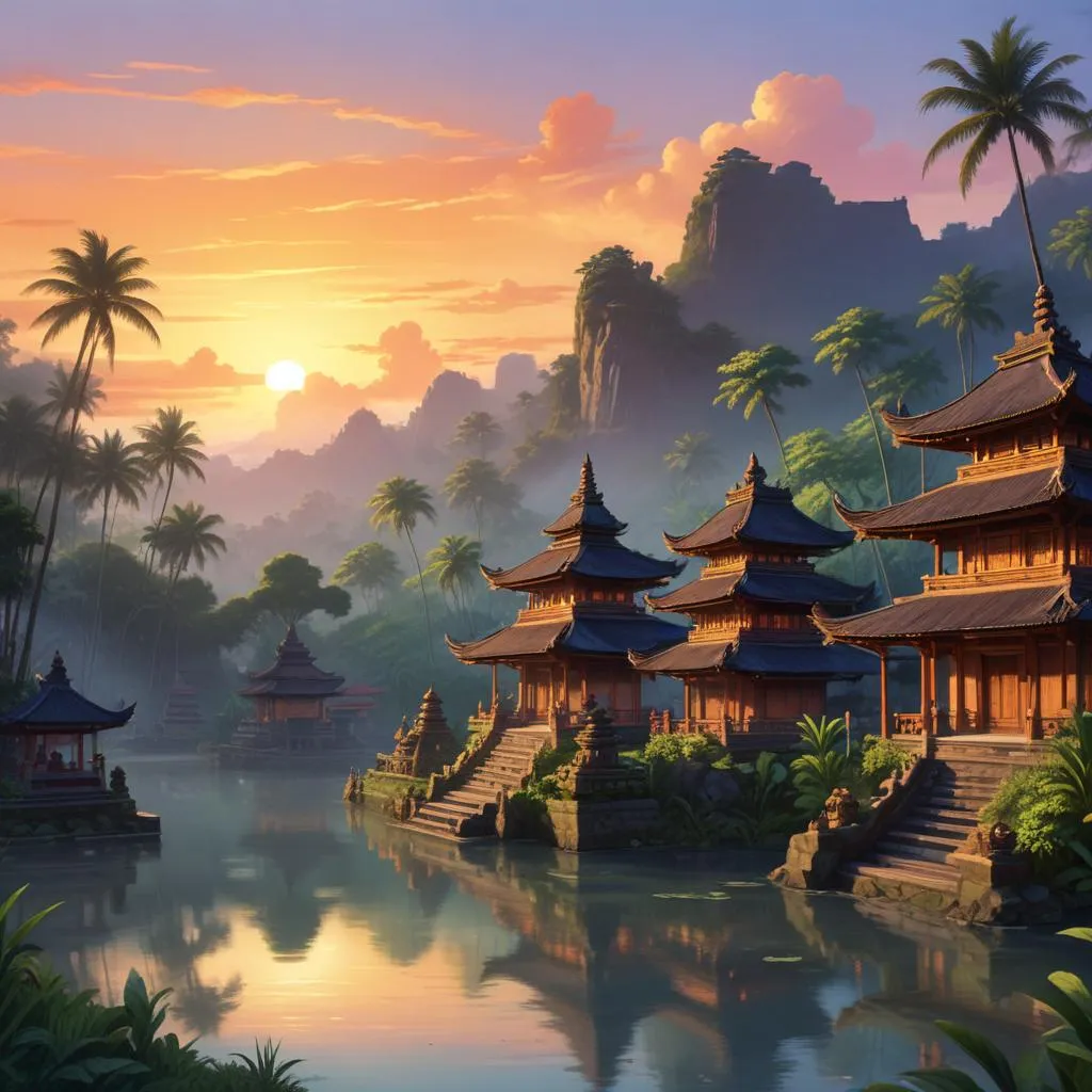 Sunrise over a serene Balinese temple compound