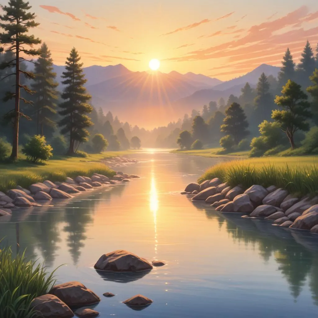 Sunrise over a serene river landscape, symbolizing clarity, renewal, and the flow of time