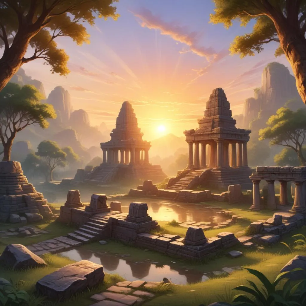 Sunrise over ancient temple ruins surrounded by nature