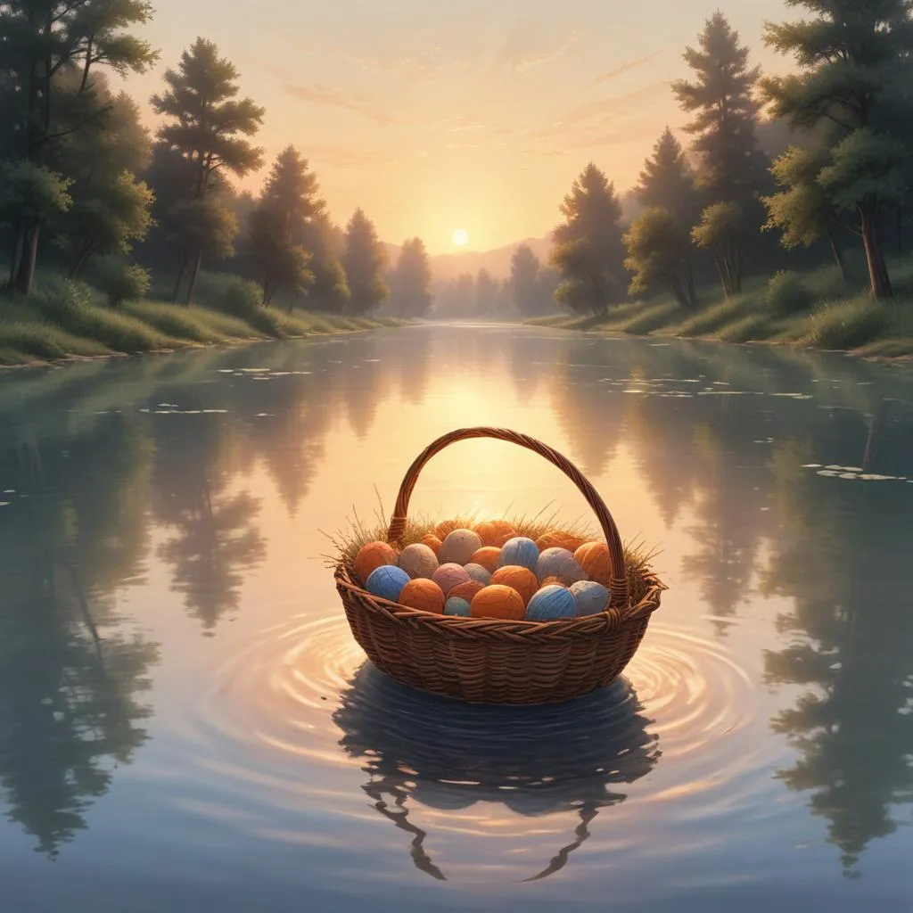 Symbolic representation of a basket floating on a river at dawn
